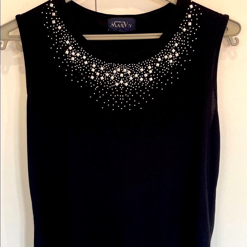 Elegant Black Sleeveless Top  with Embellished Neckline. Size M